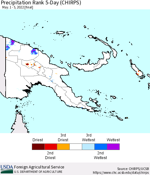 Papua New Guinea Precipitation Rank since 1981, 5-Day (CHIRPS) Thematic Map For 5/1/2022 - 5/5/2022