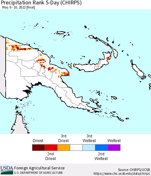 Papua New Guinea Precipitation Rank since 1981, 5-Day (CHIRPS) Thematic Map For 5/6/2022 - 5/10/2022