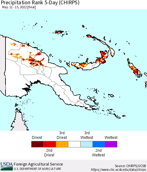 Papua New Guinea Precipitation Rank since 1981, 5-Day (CHIRPS) Thematic Map For 5/11/2022 - 5/15/2022