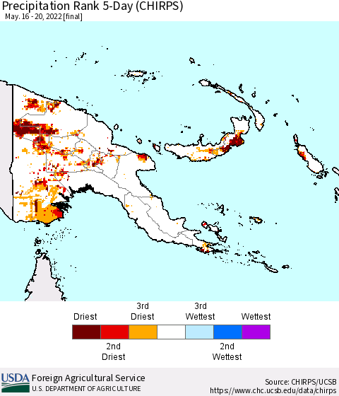 Papua New Guinea Precipitation Rank since 1981, 5-Day (CHIRPS) Thematic Map For 5/16/2022 - 5/20/2022