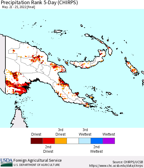 Papua New Guinea Precipitation Rank since 1981, 5-Day (CHIRPS) Thematic Map For 5/21/2022 - 5/25/2022