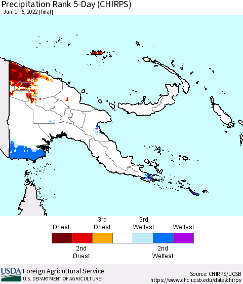 Papua New Guinea Precipitation Rank since 1981, 5-Day (CHIRPS) Thematic Map For 6/1/2022 - 6/5/2022