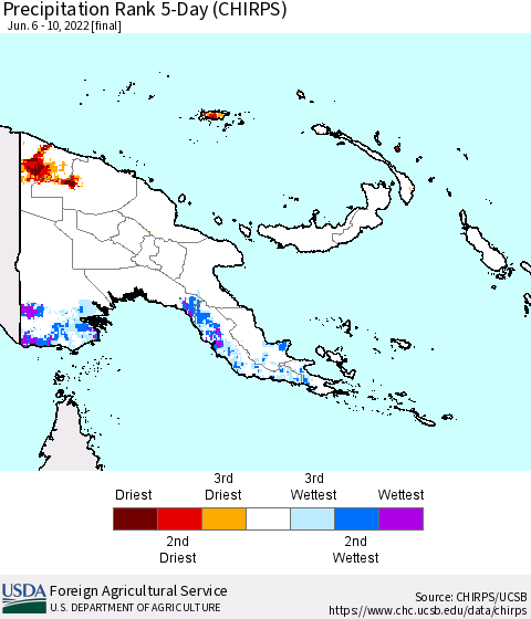 Papua New Guinea Precipitation Rank since 1981, 5-Day (CHIRPS) Thematic Map For 6/6/2022 - 6/10/2022
