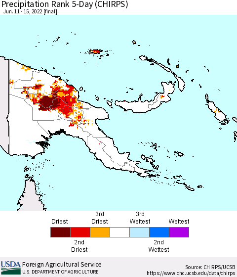 Papua New Guinea Precipitation Rank since 1981, 5-Day (CHIRPS) Thematic Map For 6/11/2022 - 6/15/2022