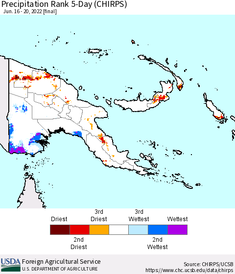 Papua New Guinea Precipitation Rank since 1981, 5-Day (CHIRPS) Thematic Map For 6/16/2022 - 6/20/2022