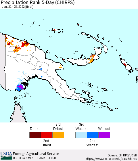 Papua New Guinea Precipitation Rank since 1981, 5-Day (CHIRPS) Thematic Map For 6/21/2022 - 6/25/2022