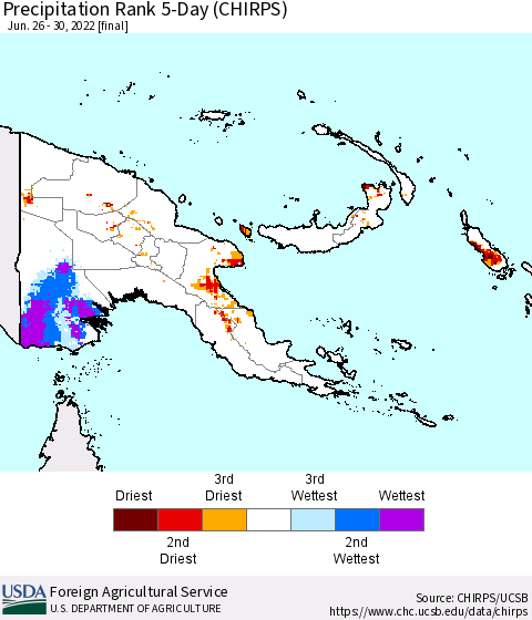 Papua New Guinea Precipitation Rank since 1981, 5-Day (CHIRPS) Thematic Map For 6/26/2022 - 6/30/2022