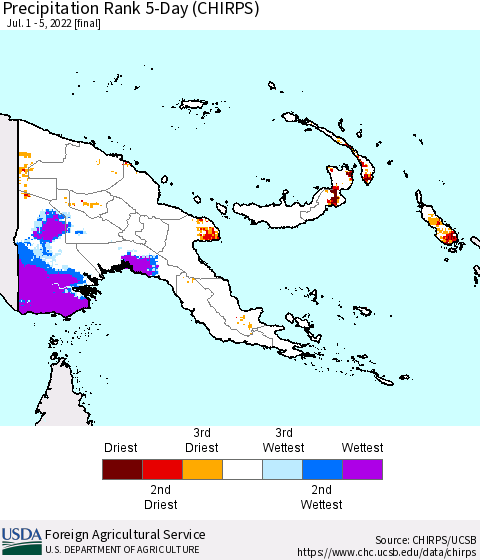 Papua New Guinea Precipitation Rank since 1981, 5-Day (CHIRPS) Thematic Map For 7/1/2022 - 7/5/2022