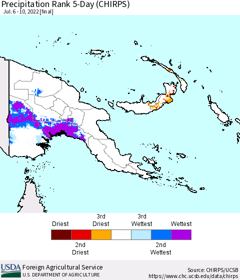 Papua New Guinea Precipitation Rank since 1981, 5-Day (CHIRPS) Thematic Map For 7/6/2022 - 7/10/2022