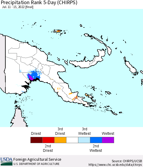 Papua New Guinea Precipitation Rank since 1981, 5-Day (CHIRPS) Thematic Map For 7/11/2022 - 7/15/2022