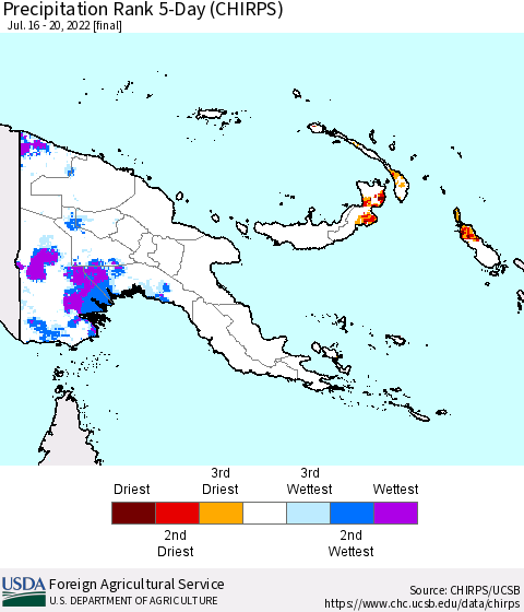 Papua New Guinea Precipitation Rank since 1981, 5-Day (CHIRPS) Thematic Map For 7/16/2022 - 7/20/2022