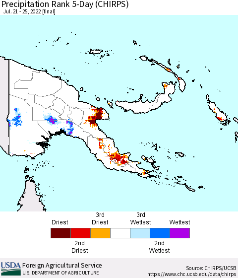 Papua New Guinea Precipitation Rank since 1981, 5-Day (CHIRPS) Thematic Map For 7/21/2022 - 7/25/2022
