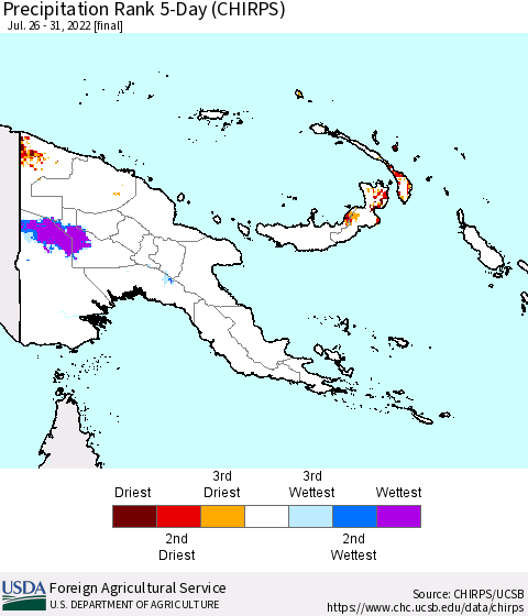 Papua New Guinea Precipitation Rank since 1981, 5-Day (CHIRPS) Thematic Map For 7/26/2022 - 7/31/2022