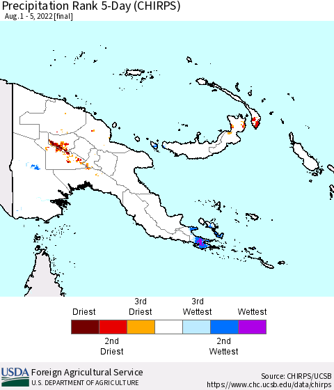 Papua New Guinea Precipitation Rank since 1981, 5-Day (CHIRPS) Thematic Map For 8/1/2022 - 8/5/2022