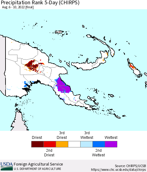 Papua New Guinea Precipitation Rank since 1981, 5-Day (CHIRPS) Thematic Map For 8/6/2022 - 8/10/2022