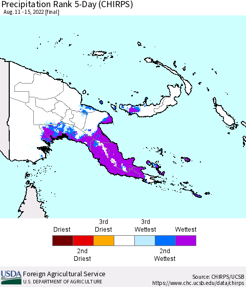 Papua New Guinea Precipitation Rank since 1981, 5-Day (CHIRPS) Thematic Map For 8/11/2022 - 8/15/2022