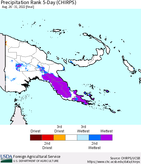 Papua New Guinea Precipitation Rank since 1981, 5-Day (CHIRPS) Thematic Map For 8/26/2022 - 8/31/2022