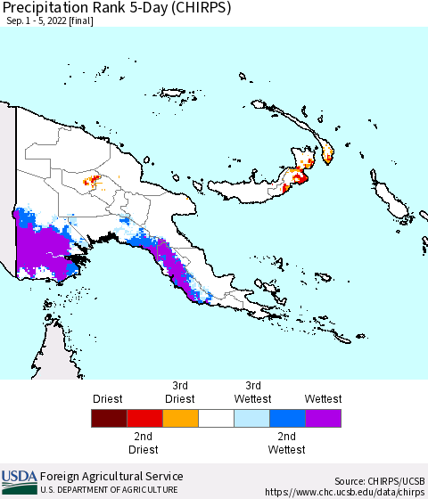 Papua New Guinea Precipitation Rank since 1981, 5-Day (CHIRPS) Thematic Map For 9/1/2022 - 9/5/2022