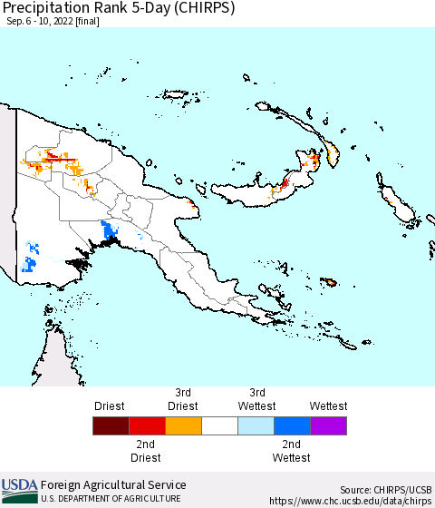 Papua New Guinea Precipitation Rank since 1981, 5-Day (CHIRPS) Thematic Map For 9/6/2022 - 9/10/2022