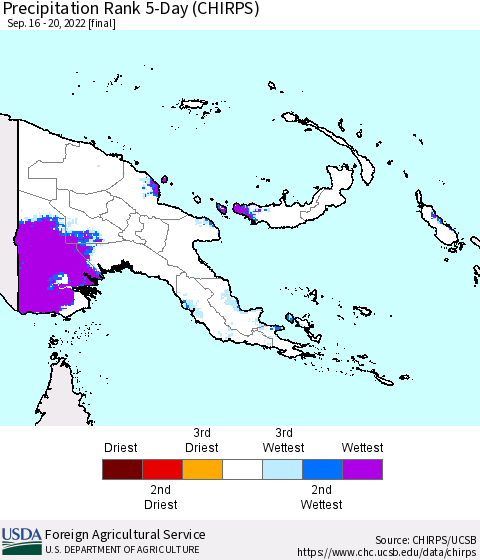 Papua New Guinea Precipitation Rank since 1981, 5-Day (CHIRPS) Thematic Map For 9/16/2022 - 9/20/2022