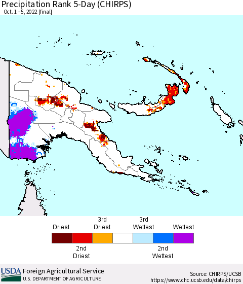 Papua New Guinea Precipitation Rank since 1981, 5-Day (CHIRPS) Thematic Map For 10/1/2022 - 10/5/2022