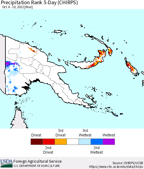 Papua New Guinea Precipitation Rank since 1981, 5-Day (CHIRPS) Thematic Map For 10/6/2022 - 10/10/2022