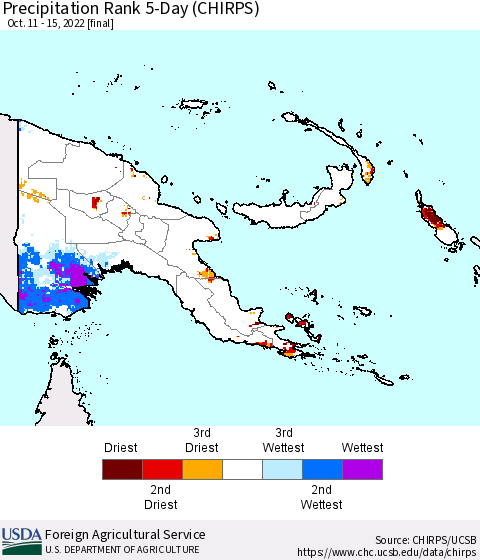 Papua New Guinea Precipitation Rank since 1981, 5-Day (CHIRPS) Thematic Map For 10/11/2022 - 10/15/2022