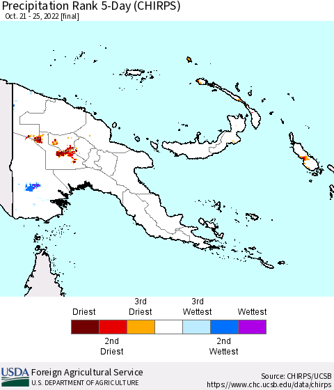 Papua New Guinea Precipitation Rank since 1981, 5-Day (CHIRPS) Thematic Map For 10/21/2022 - 10/25/2022