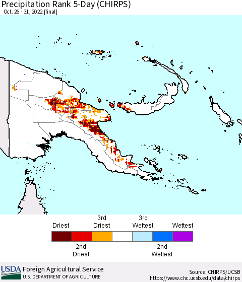 Papua New Guinea Precipitation Rank since 1981, 5-Day (CHIRPS) Thematic Map For 10/26/2022 - 10/31/2022
