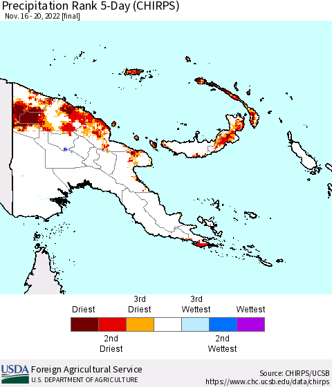 Papua New Guinea Precipitation Rank since 1981, 5-Day (CHIRPS) Thematic Map For 11/16/2022 - 11/20/2022