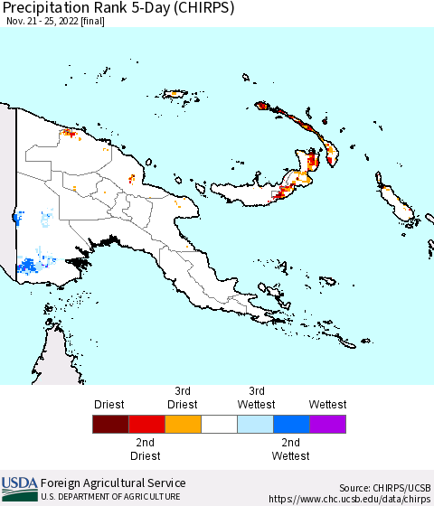 Papua New Guinea Precipitation Rank since 1981, 5-Day (CHIRPS) Thematic Map For 11/21/2022 - 11/25/2022