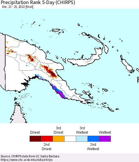 Papua New Guinea Precipitation Rank since 1981, 5-Day (CHIRPS) Thematic Map For 12/21/2022 - 12/25/2022