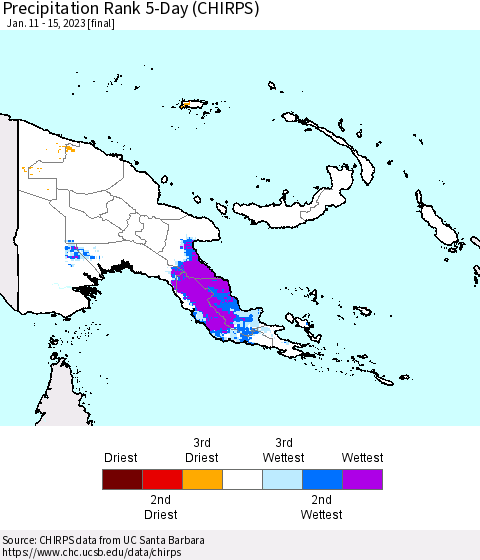 Papua New Guinea Precipitation Rank since 1981, 5-Day (CHIRPS) Thematic Map For 1/11/2023 - 1/15/2023