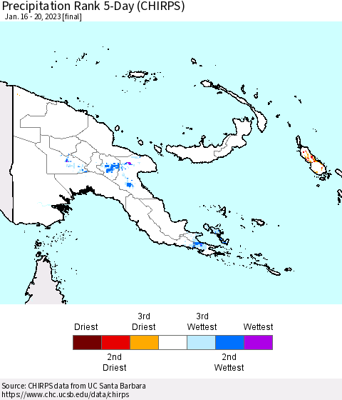 Papua New Guinea Precipitation Rank since 1981, 5-Day (CHIRPS) Thematic Map For 1/16/2023 - 1/20/2023