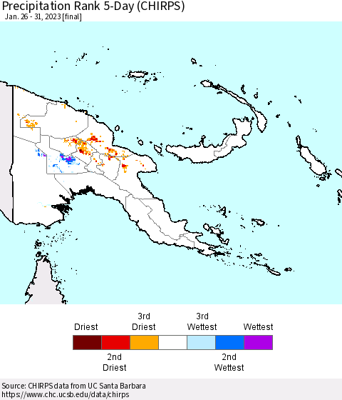 Papua New Guinea Precipitation Rank since 1981, 5-Day (CHIRPS) Thematic Map For 1/26/2023 - 1/31/2023