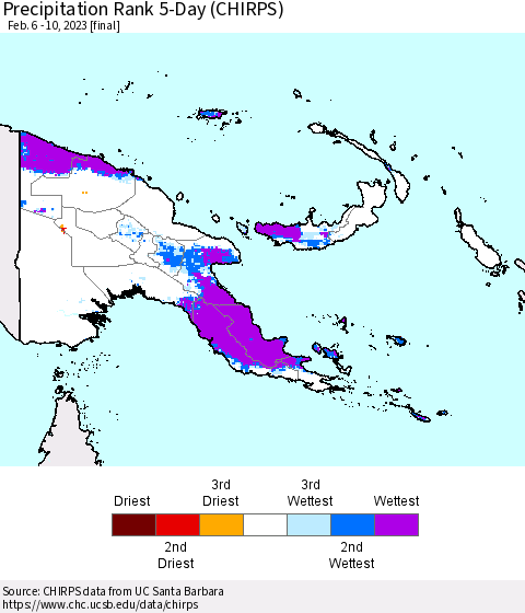 Papua New Guinea Precipitation Rank since 1981, 5-Day (CHIRPS) Thematic Map For 2/6/2023 - 2/10/2023