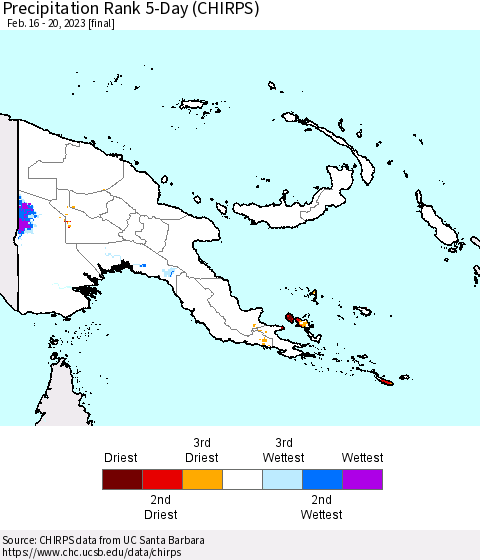 Papua New Guinea Precipitation Rank since 1981, 5-Day (CHIRPS) Thematic Map For 2/16/2023 - 2/20/2023
