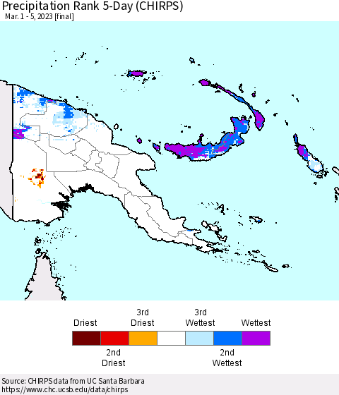 Papua New Guinea Precipitation Rank since 1981, 5-Day (CHIRPS) Thematic Map For 3/1/2023 - 3/5/2023