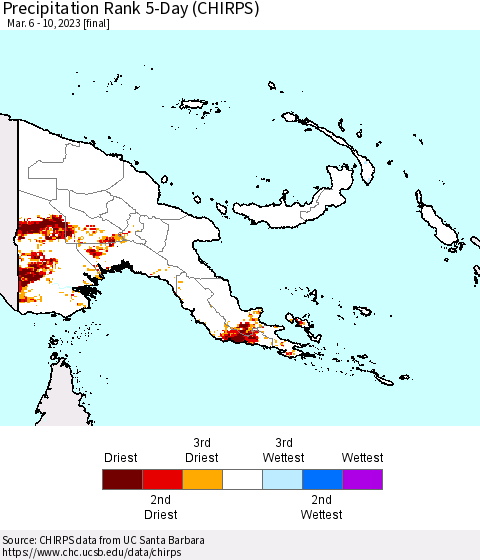 Papua New Guinea Precipitation Rank since 1981, 5-Day (CHIRPS) Thematic Map For 3/6/2023 - 3/10/2023