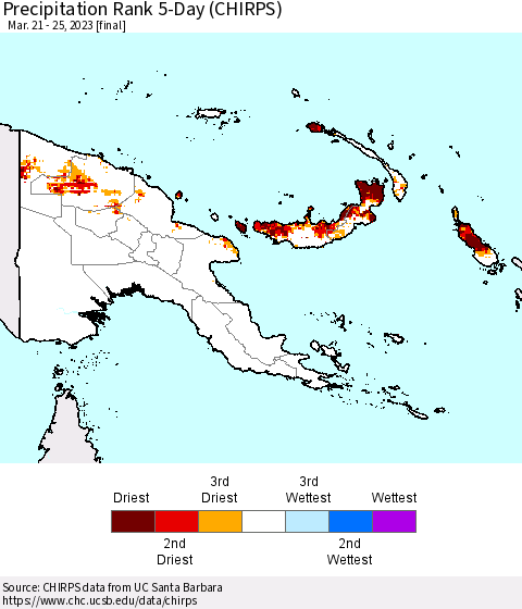 Papua New Guinea Precipitation Rank since 1981, 5-Day (CHIRPS) Thematic Map For 3/21/2023 - 3/25/2023