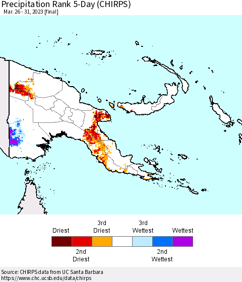 Papua New Guinea Precipitation Rank since 1981, 5-Day (CHIRPS) Thematic Map For 3/26/2023 - 3/31/2023