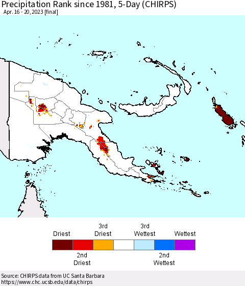 Papua New Guinea Precipitation Rank since 1981, 5-Day (CHIRPS) Thematic Map For 4/16/2023 - 4/20/2023