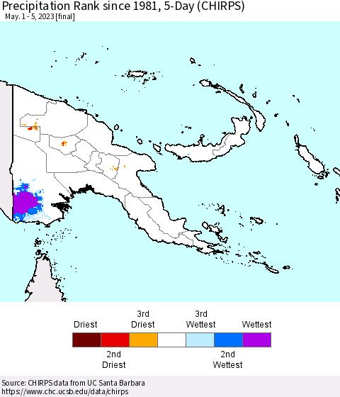 Papua New Guinea Precipitation Rank since 1981, 5-Day (CHIRPS) Thematic Map For 5/1/2023 - 5/5/2023
