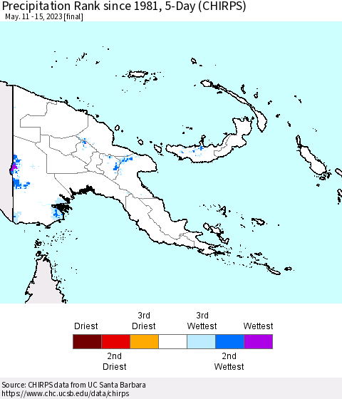 Papua New Guinea Precipitation Rank since 1981, 5-Day (CHIRPS) Thematic Map For 5/11/2023 - 5/15/2023