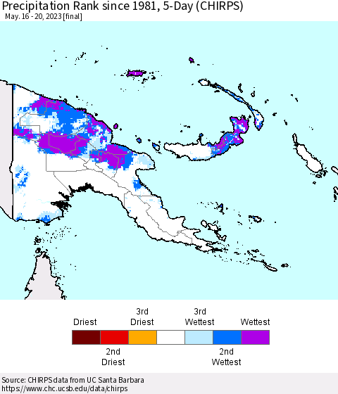 Papua New Guinea Precipitation Rank since 1981, 5-Day (CHIRPS) Thematic Map For 5/16/2023 - 5/20/2023