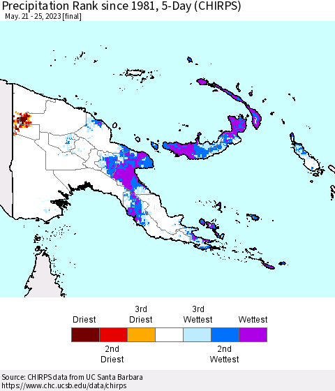 Papua New Guinea Precipitation Rank since 1981, 5-Day (CHIRPS) Thematic Map For 5/21/2023 - 5/25/2023