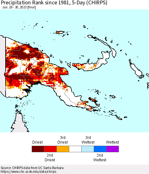 Papua New Guinea Precipitation Rank since 1981, 5-Day (CHIRPS) Thematic Map For 6/26/2023 - 6/30/2023