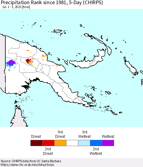 Papua New Guinea Precipitation Rank since 1981, 5-Day (CHIRPS) Thematic Map For 7/1/2023 - 7/5/2023