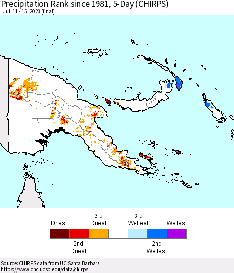 Papua New Guinea Precipitation Rank since 1981, 5-Day (CHIRPS) Thematic Map For 7/11/2023 - 7/15/2023