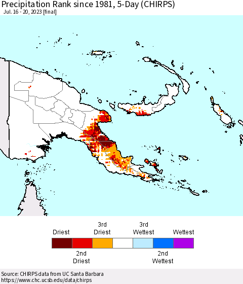 Papua New Guinea Precipitation Rank since 1981, 5-Day (CHIRPS) Thematic Map For 7/16/2023 - 7/20/2023